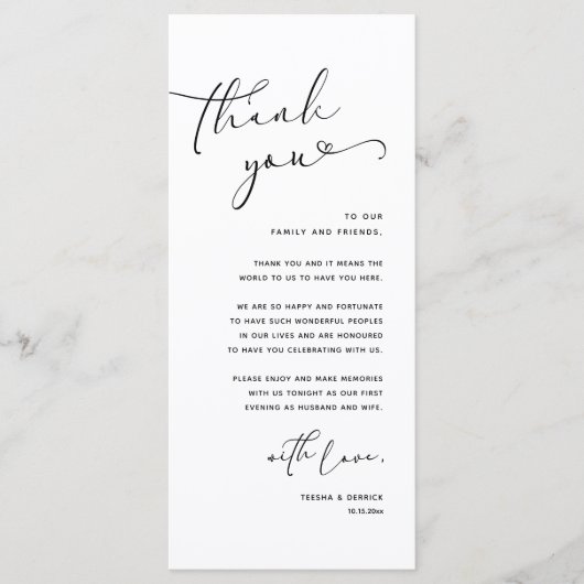 Romantische bruiloft plaats instelling dank u kaar programma (Voorkant)