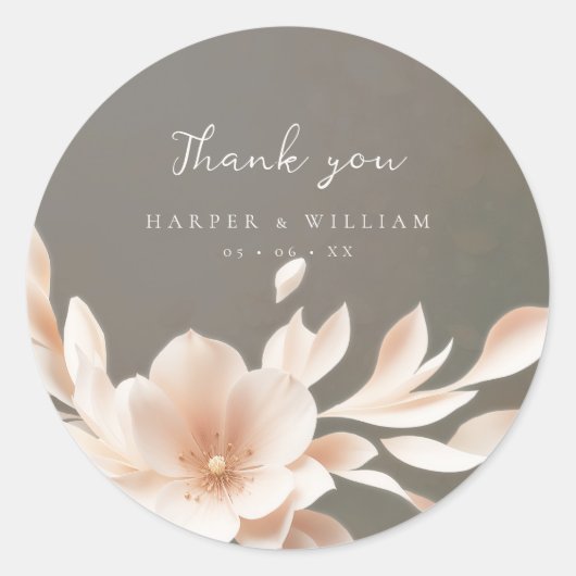 Romantische bruine roze bloemige trouwkaart bedank ronde sticker (Voorkant)