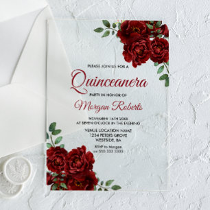 Romantische Burgundy Rode Roos Quinceanera Uitnodi Acryl Uitnodigingen