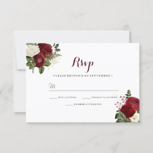 Romantische Burgundy Rood Witte Bloemige Trouw-Huw RSVP Kaartje