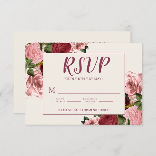 Romantische Burgundy Roze Roze Bloemige Bruiloft RSVP Kaartje (Voorkant / Achterkant)