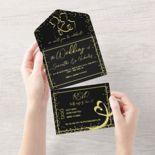 Romantische Calligrafie Black & Gold Wedding All In One Uitnodiging