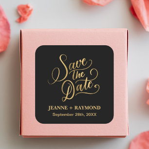 Romantische Calligrafie Zwart Goud Folie Save the Vierkante Sticker
