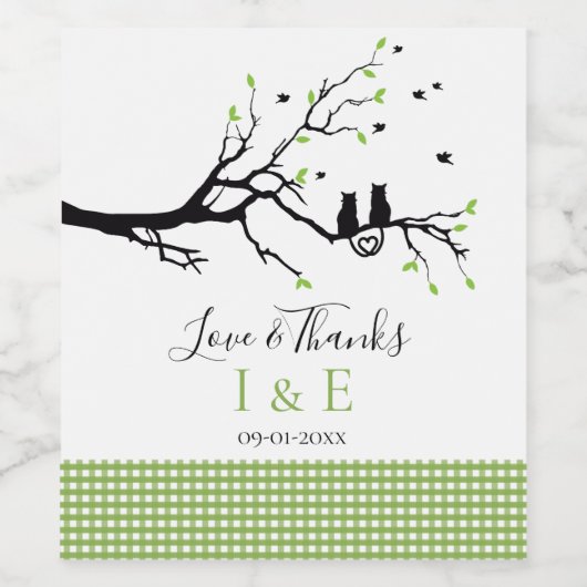 Romantische Cat Lovers Trouwlijn Green Gingham Wijn Etiket (Enkel label)