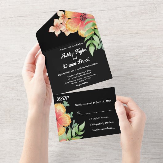 Romantische Chic Wildflowers Zwart Bloemen Huwelij All In One Uitnodiging (Afscheurbaar)