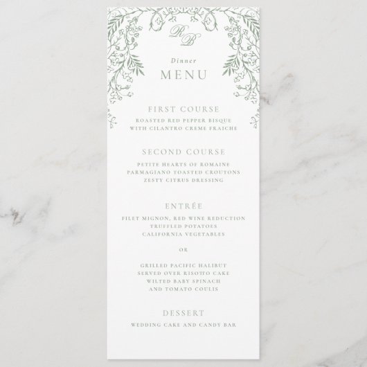 Romantische Chinoiserie Antiek Sage Green Wedding Menu (Voorkant)