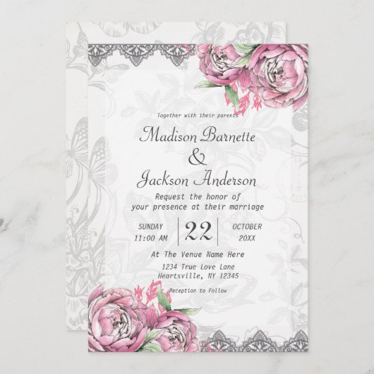 Romantische Chique Pioen Bloemen Bruiloft Uitnodig Kaart (Voorkant / Achterkant)