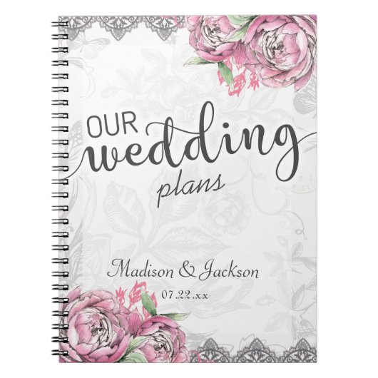 Romantische Chique Pioen Bloemen & Kant Bruiloft P Notitieboek (Voorkant)