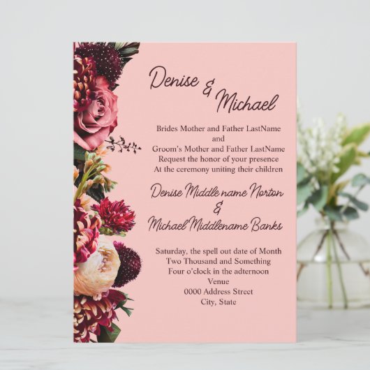 Romantische chrysant op roze ragzijde kaart (Staand voorkant)