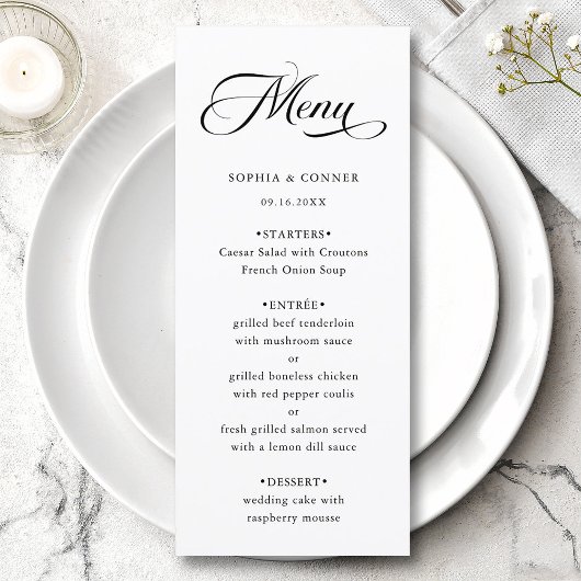 Romantische Classy Calligraphy Trouwen Zwart & Wit Menu