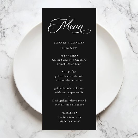 Romantische Classy Calligraphy Wedding Black Menu