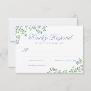 Romantische cottage blauwe bloemrijke kader trouwe RSVP kaartje