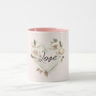 Romantische Crème Blush Rozen Veren Bloemhart Mok