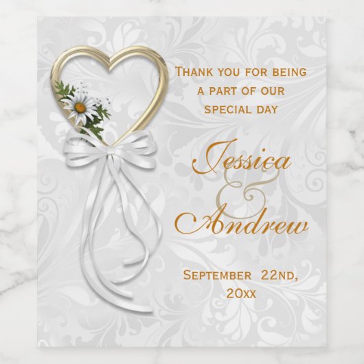 Romantische Daisy, Gouden Hart & Wit Lint Wijn Etiket (Enkel label)