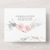Romantische delicate zachte roze rozen bruiloft all in one uitnodiging (Achterkant)