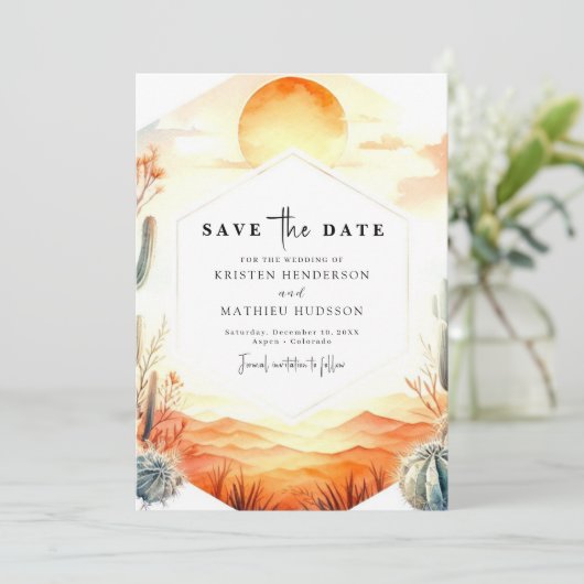 Romantische Desert Cactus bruiloft Save The Date (Staand voorkant)