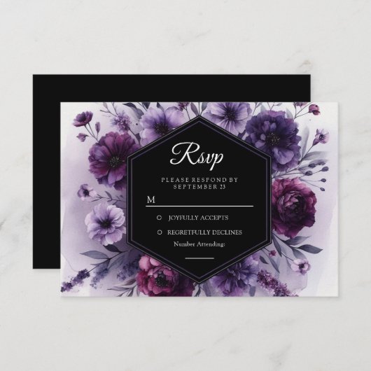 Romantische digitale Paarse bloemen bruiloft RSVP Kaartje (Voorkant / Achterkant)