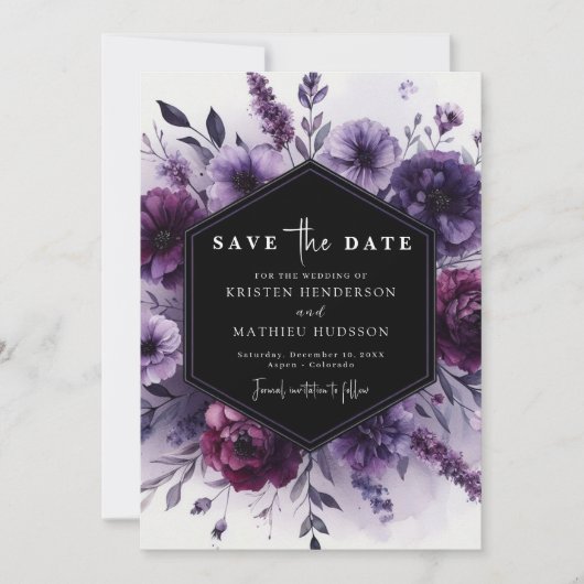 Romantische digitale Paarse bloemen bruiloft Save The Date (Voorkant)