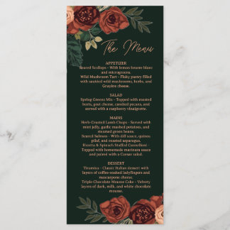 Romantische donkergroene bloemige menu , trouwmenu