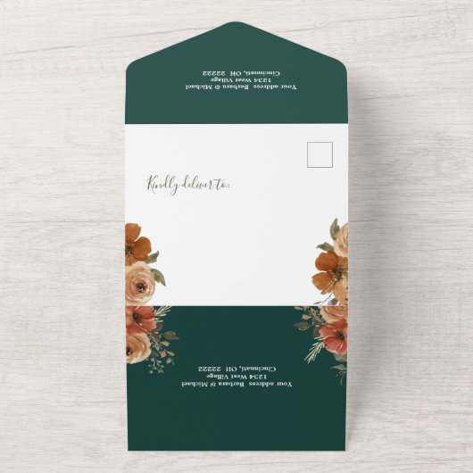 Romantische donkergroene gouden bloem bruiloft all in one uitnodiging (Buitenkant)