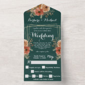 Romantische donkergroene gouden bloem bruiloft all in one uitnodiging (Binnen)