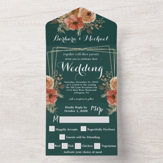 Romantische donkergroene gouden bloem bruiloft all in one uitnodiging (Binnen)