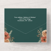 Romantische donkergroene gouden bloem bruiloft all in one uitnodiging (Achterkant)