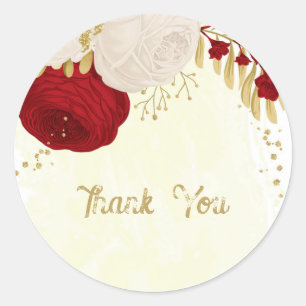 Romantische donkerrode en witte bloemen gouden bru ronde sticker