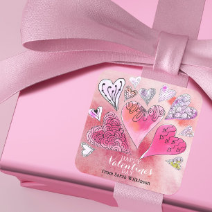 Romantische Doodle Waterverf Harten Valentijnsdag Vierkante Sticker