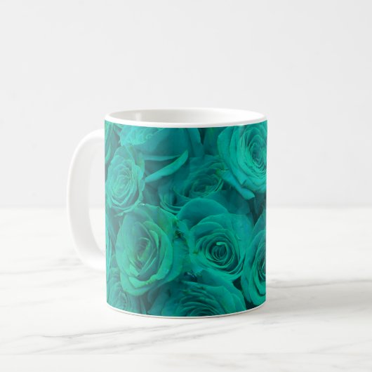 Romantische elegant blauwgroen - groene rozen koffiemok (Voorkant links)