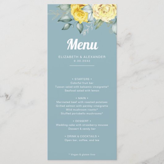 Romantische elegant gele rozen waterverf bruiloft menu (Voorkant)