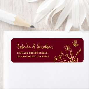 Romantische elegante gouden bloem bordeauxrood bru etiket