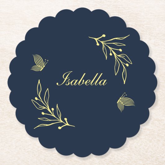 Romantische elegante gouden bloem marine bruiloft kartonnen onderzetters (Voorkant)