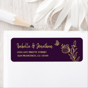 Romantische elegante gouden bloem paarse bruiloft etiket