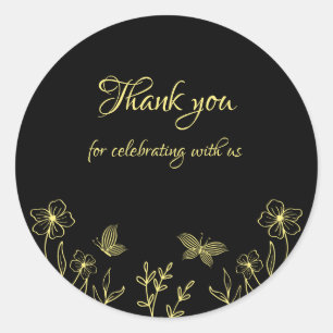 Romantische elegante gouden bloemen zwarte bruilof ronde sticker