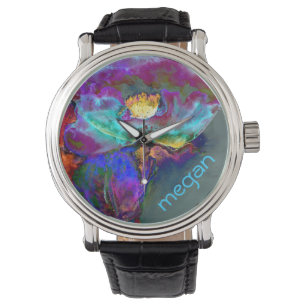 Romantische elegante paarse blauwgroen bloemschild horloge