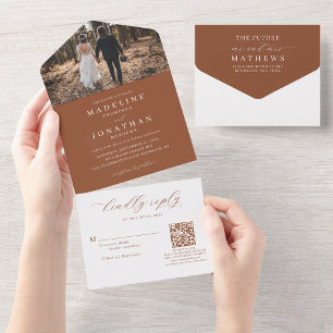 Romantische elegante terracotta foto QR code bruil All In One Uitnodiging