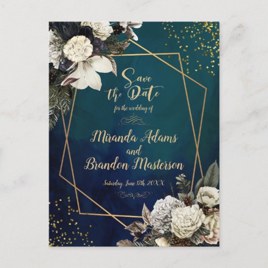 Romantische Emerald Green Gold Floral Save the Dat Aankondigingskaart (Voorkant)