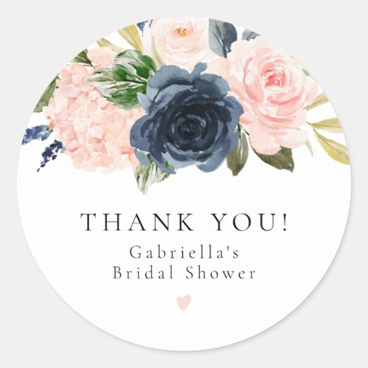 Romantische en zoete Navy Floral Blush Bruidsmeisj Ronde Sticker (Voorkant)