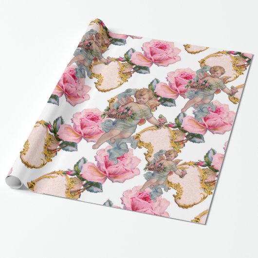 ROMANTISCHE ENGEL VERZAMELEN ROZE ROZEN CADEAUPAPIER (Uitgerold)