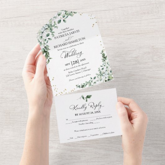 Romantische eucalyptus groen bruiloft all in one uitnodiging (Afscheurbaar)