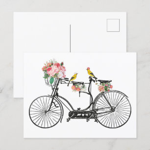 Romantische fietsbloemen en -vogels feestdagenkaart