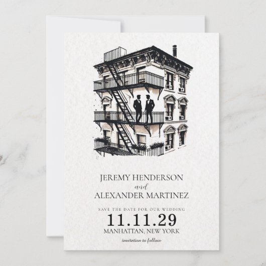 Romantische Fire Escape Grooms Save The Date (Voorkant)