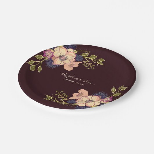 Romantische Floral Bourgondische bruiloft Papieren Bordje (Gekanteld)