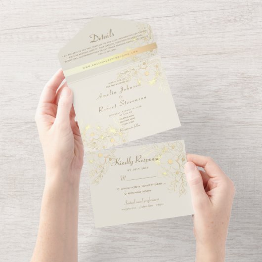 Romantische Floral Champagne Gouden bruiloft All In One Uitnodiging (Afscheurbaar)