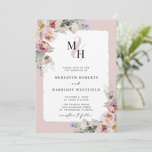 Romantische Floral QR Code Monogram Bruiloft Kaart (Staand voorkant)