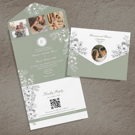 Romantische Floral Sage Green Wedding All In One Uitnodiging