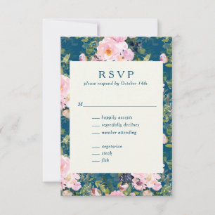 Romantische Florals in Blue Wedding RSVP Kaartje