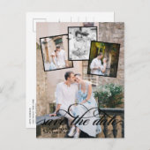 Romantische fotocollage bruiloft zwart script aankondigingskaart (Voorkant / Achterkant)