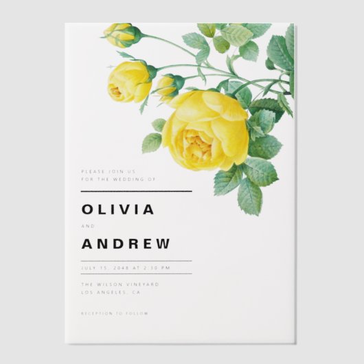 Romantische gele rozen Botanische bruiloft Vellum Uitnodigingen (Voorkant)